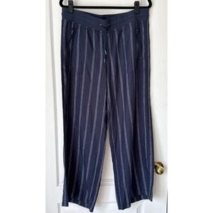 Athleta Cabo Tide Linen Wide-Leg Pant, Navy Milan Stripe Size 14P Coastal Beach